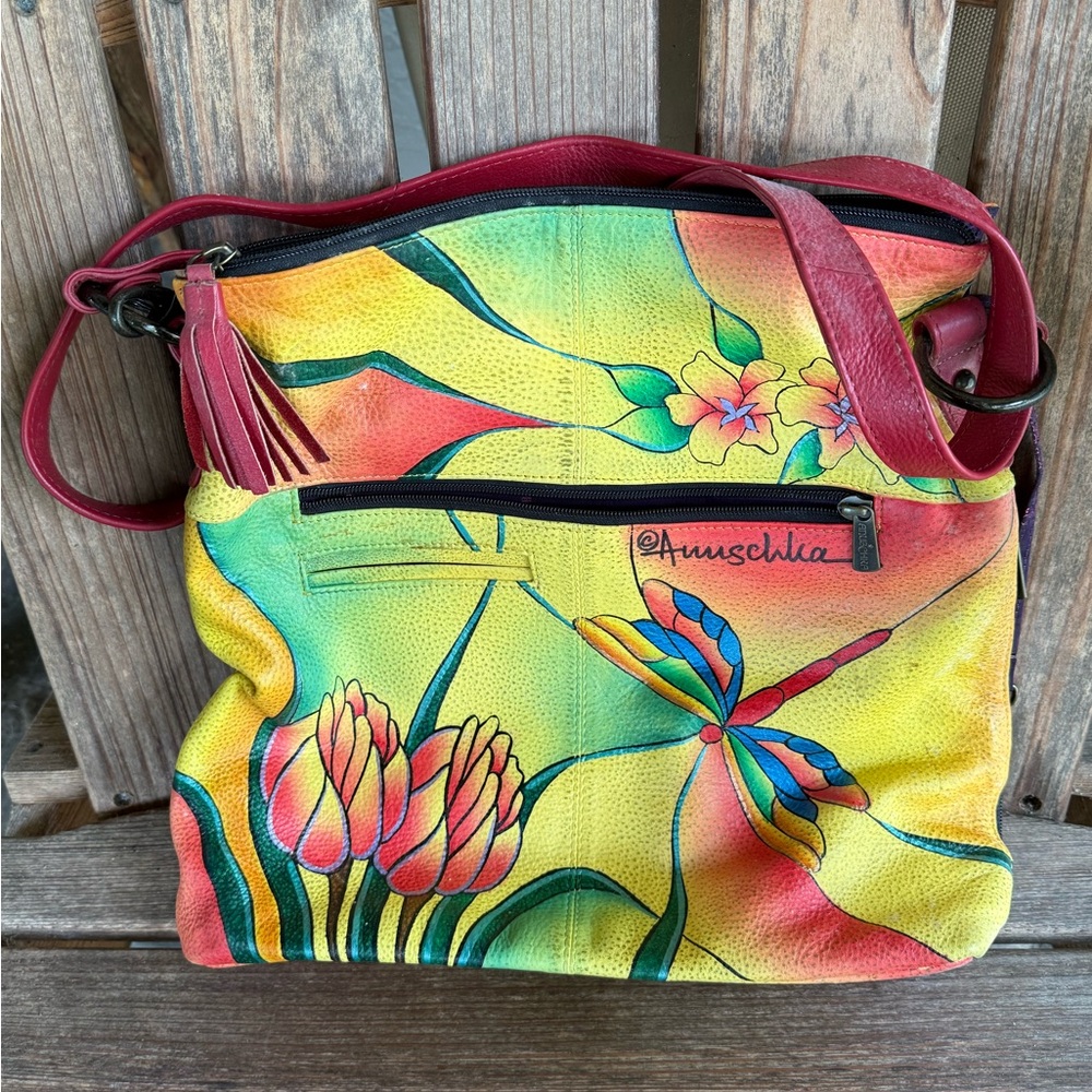 Anuschka Red and Yellow Shoulder Bag with Hand-Painted Design